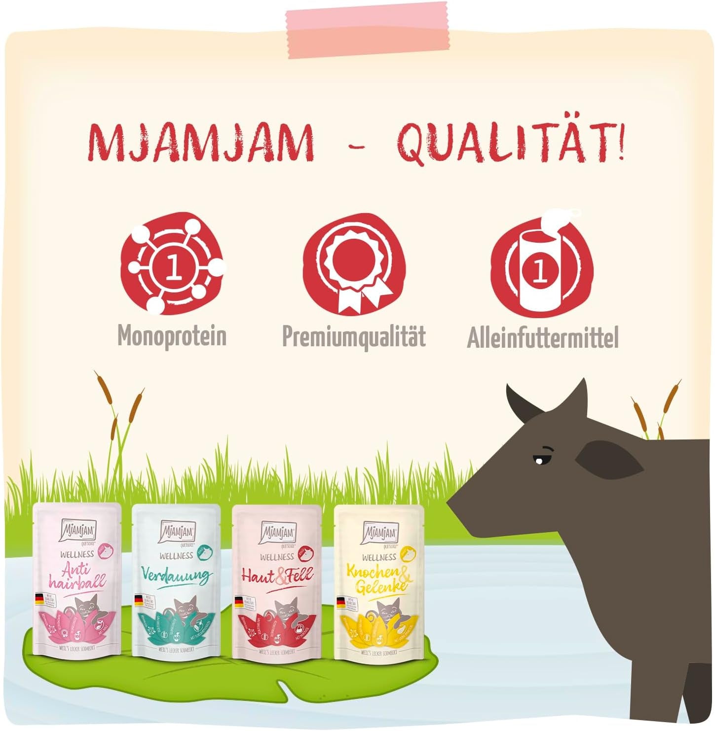 MjAMjAM - Nourriture humide de qualité supérieure pour chats - Pack bien-être au bœuf, paquet de 12 (12 x 125 g), sans céréales avec viande supplémentaire
