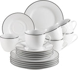 Mäser Nola Series Service à café moderne pour 6 personnes Blanc avec bord noir Service de table 18 pièces Tasses à café Soucoupes et assiettes à dessert – Service à café rond Service à café Blanc