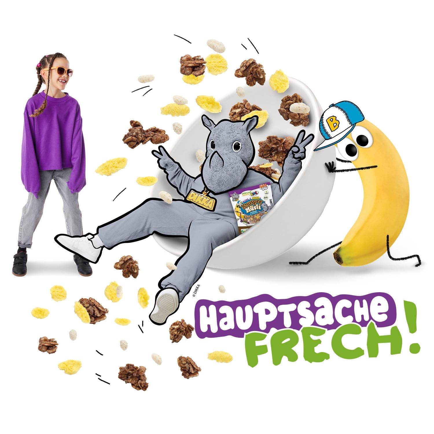 FRECHE FREUNDE KIDS, Bobs & DIKKAs Muesli croquant à la banane et au cacao, Muesli croquant au chocolat pour enfants, faible teneur en sucre, sans additifs, 100 % végétalien, 6 pièces (6 x 280 g)
