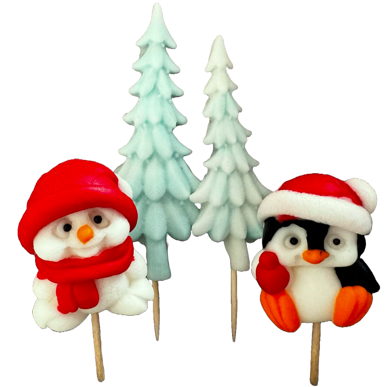 Lot de 4 décorations comestibles en pâte à sucre, Noël, pingouin, ours et sapin Décorations en pâte à sucre Naty Shop