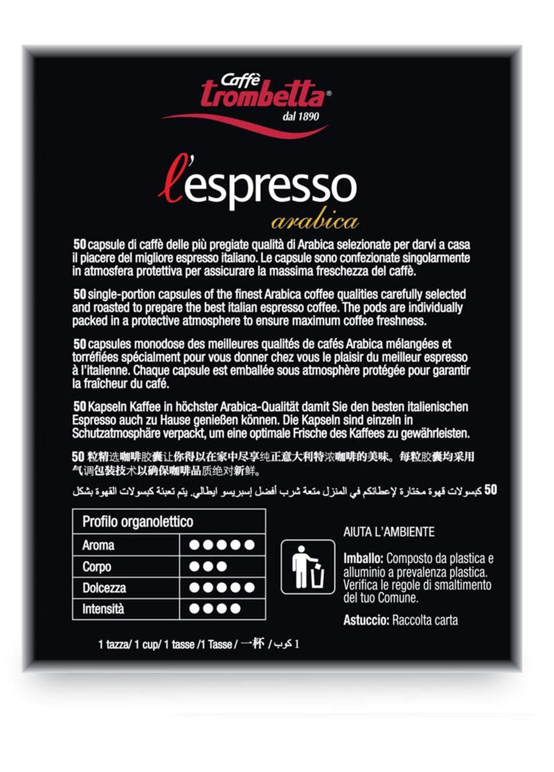 Caffè TROMBETTA L'Espresso, Italien Kaffee Nespresso compatible Kapseln. Aus 100% Arabica mit einem volumendigen und körperreichen - 50 Kapseln, 50 Stück (1er Pack)