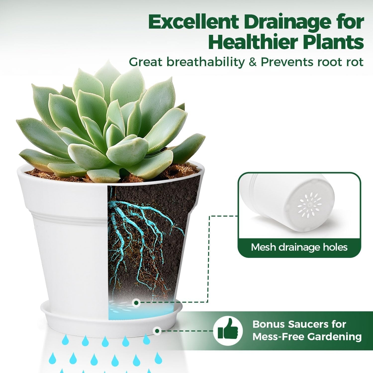 T4U Pot de Fleur en Plastique de 16 cm avec Soucoupe, Ensemble de 6 Pots à Herbes en Plastique avec Plusieurs Trous de Drainage, Pot Rond pour Plantes Succulentes d'intérieur et de Balcon, Cactus, Blanc