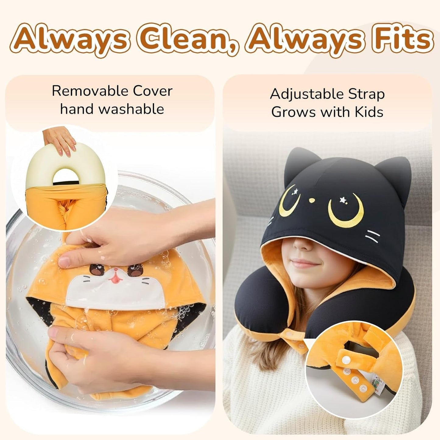 Mewaii Oreiller de voyage double face pour adultes, oreiller cervical en mousse à mémoire de forme, oreiller de vol réversible avec capuche de chat, sangle réglable