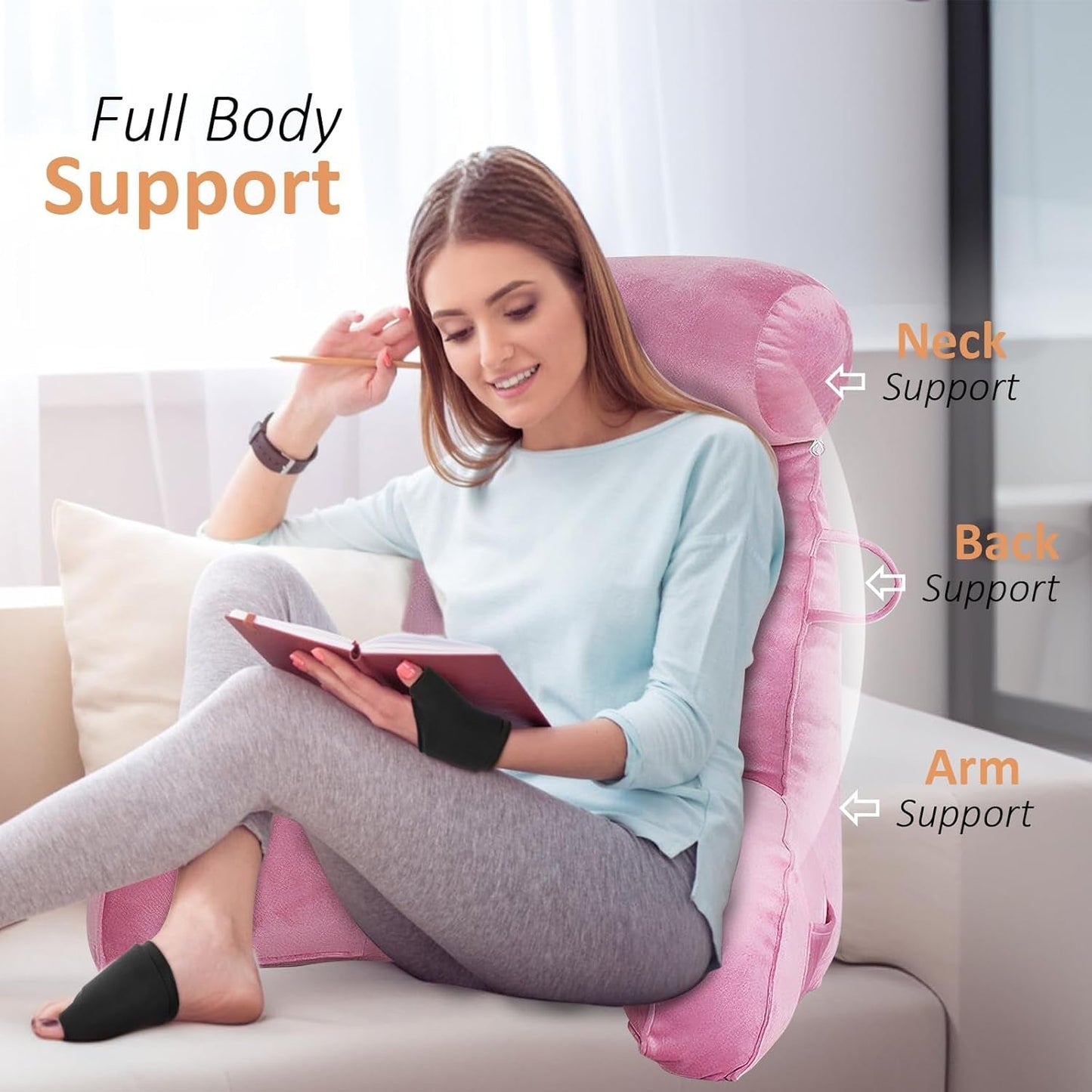 Oreiller de lecture XL pour lit et canapé avec tour de cou amovible, oreiller de dos idéal pour adultes avec mousse à mémoire de forme pour lire, travailler, jouer, regarder la télévision, se détendre (rose)