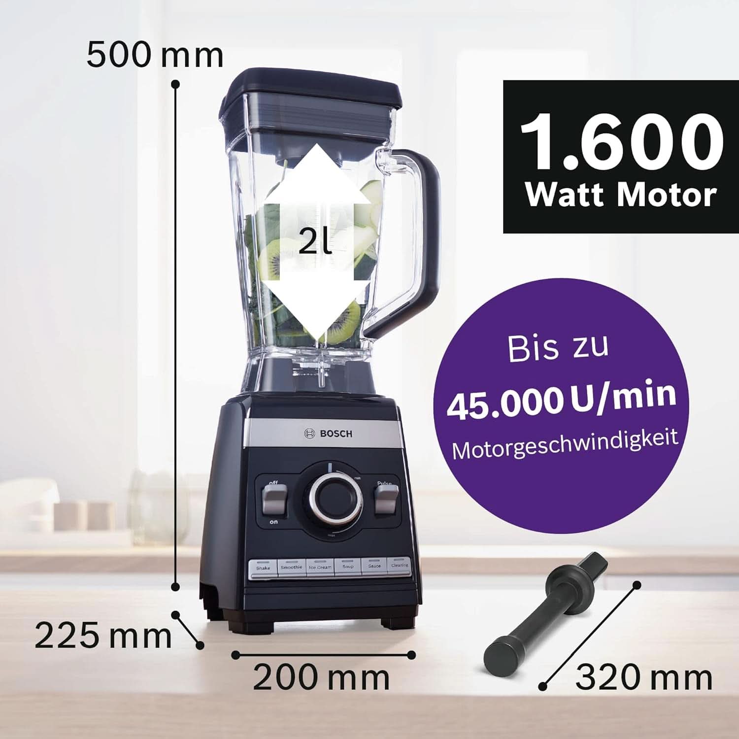 Bosch Batteur sur socle Vitaboost MMBH6P6BDE, 6-Klingen-Edelstahlmesser, 2.5L Tritan-Mixbehälter, Stopfer, 6 Automatikprogramme, Rezeptbuch, Bpa-Frei, Einfache Reinigung, 45 000 U/Min, 1600 W, Schwarz Bucatarie Naty Shop
