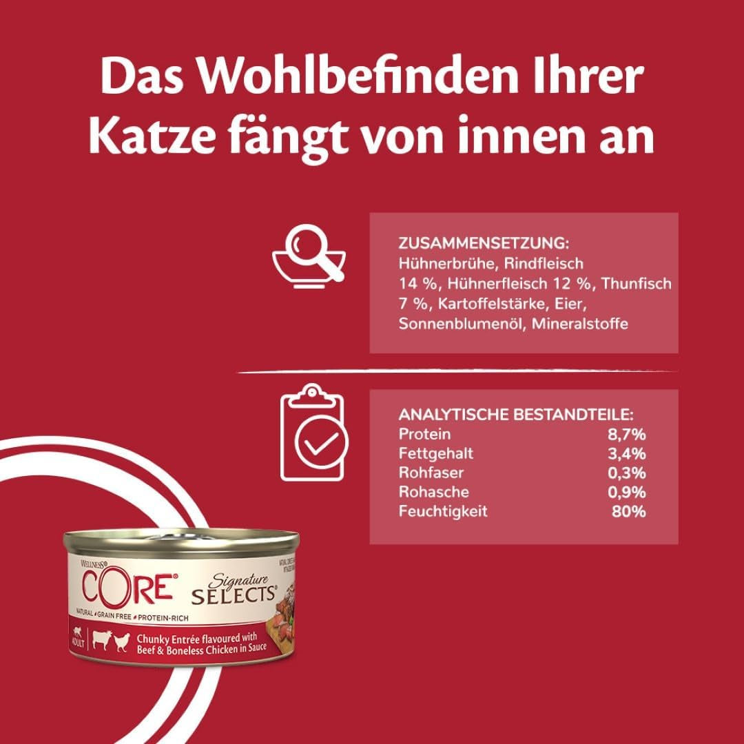 Wellness CORE Signature Selects 8 x 79g, Mélange Bœuf, Poulet et Dinde - Nourriture humide pour chats, délicieuses lanières en sauce, sans céréales, naturelle, hypoallergénique, riche en protéines, riche en viande