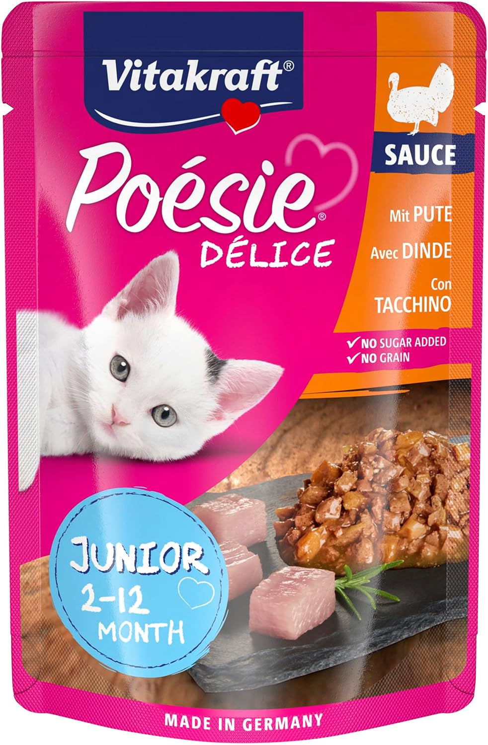 Vitakraft Poésie Délice, Junior, Nourriture humide pour chats, Nourriture humide en sauce, à la dinde, Multipack, pour jeunes chats, Sans sucre ni céréales ajoutés (23 x 85g)