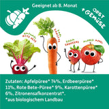 FRECHE FREUNDE Lot de 6 sachets de fruits à presser bio avec pommes, fraises, betteraves et carottes, purée de fruits et légumes dans un sachet à presser pour bébé à partir de 6 mois, végétalien, lot de 6 (6 x 100 g)