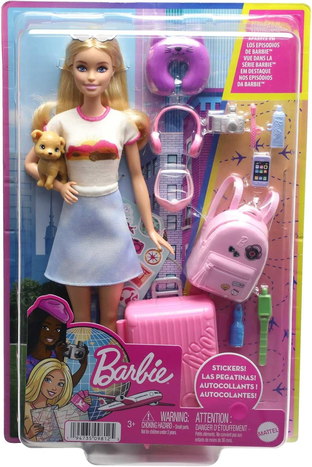 Poupée Barbie, Barbie de voyage aux cheveux blonds, plus de 10 accessoires de voyage, autocollants, valise, chiot, comprend 1 poupée, cadeau pour enfants, jouet à partir de 3 ans, HJY18