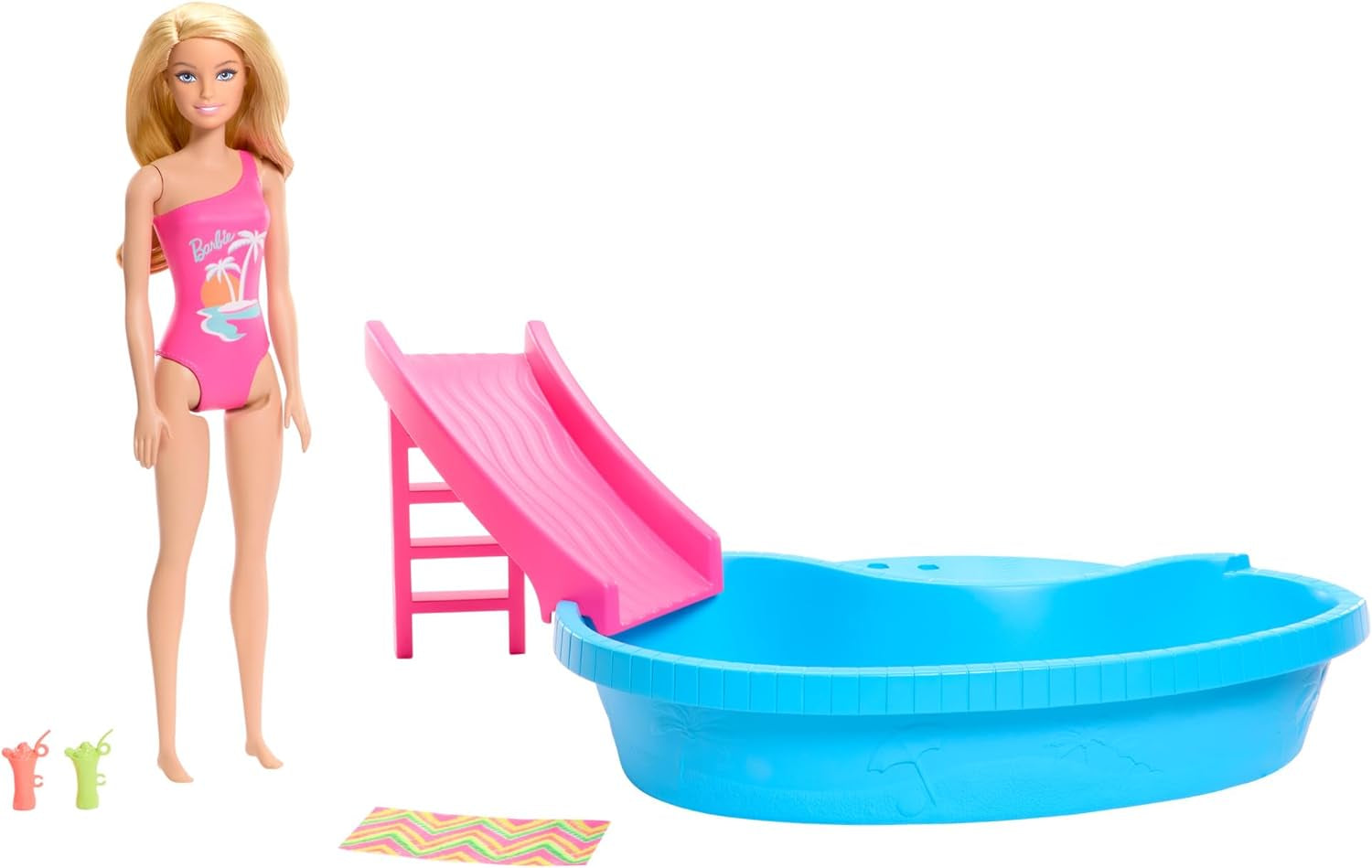 Poupée Barbie et accessoires - piscine avec toboggan et accessoires pour des heures de plaisir au soleil, maillot de bain rose au design tropical, pour enfants à partir de 3 ans, HRJ74 Naty Shop Dollhouses Titre par défaut