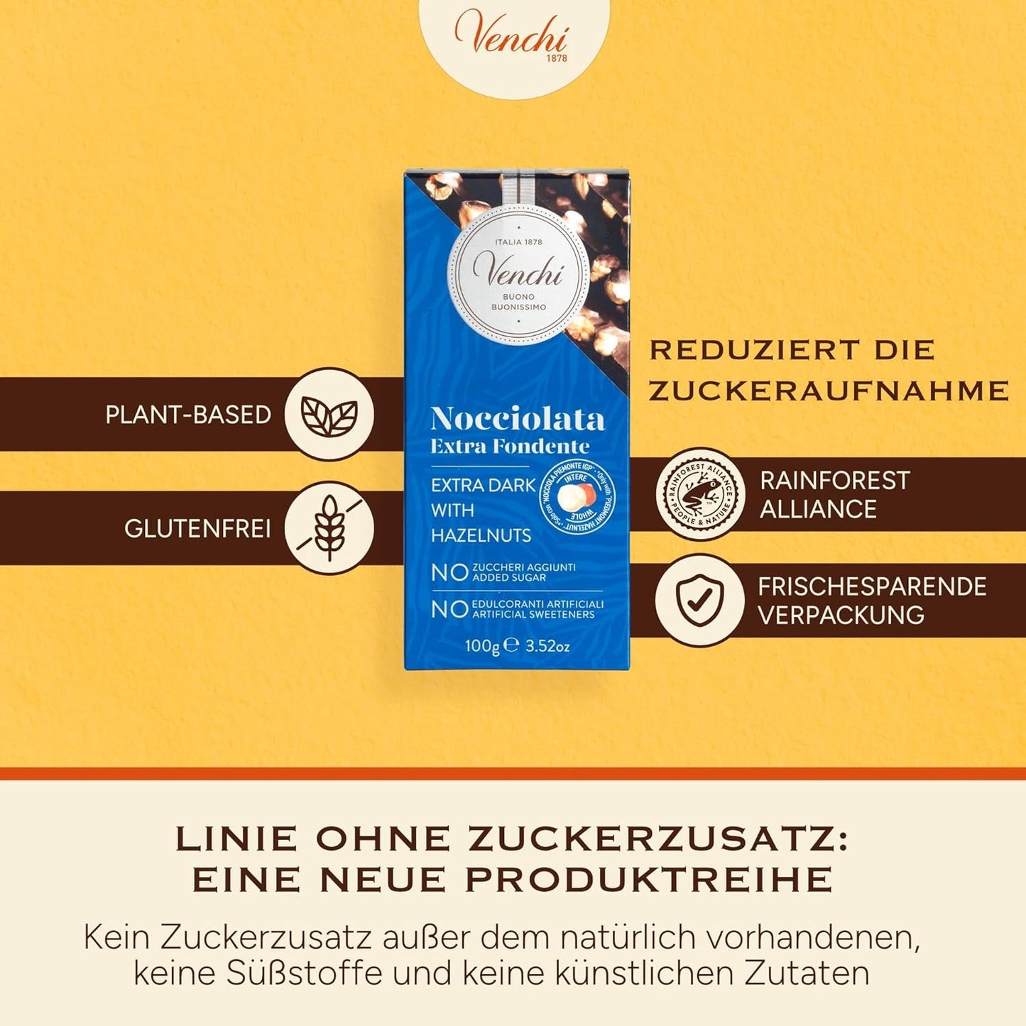 Venchi - Pack de 6 tablettes de chocolat noir aux noisettes, 600g - Sans sucre ajouté - Sans édulcorants artificiels - Sans gluten - Vegan - Idée cadeau