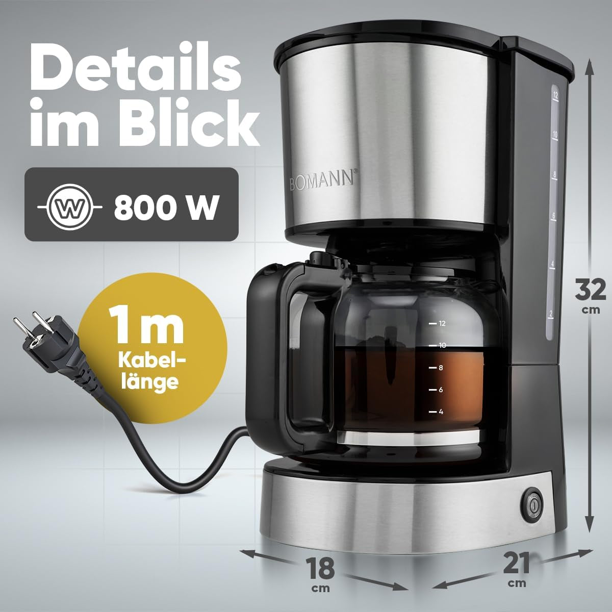 Machine à café expresso avec filtre Bomann® | pour 12-14 tasses | Machine à café expresso avec filtre | Boîtier en acier inoxydable | Anti-goutte | Expresso | Machine à café expresso avec filtre | 800W | KA6071CB