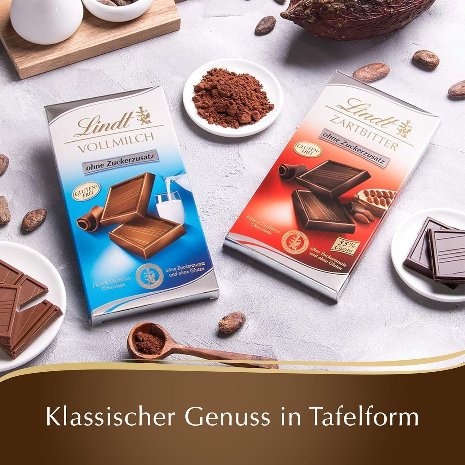 Chocolat noir sans sucre ajouté | Comprimé 100g | Le meilleur avec 55% de cacao, sans gluten | Barre de chocolat | Coffret cadeau chocolat (paquet de 4)