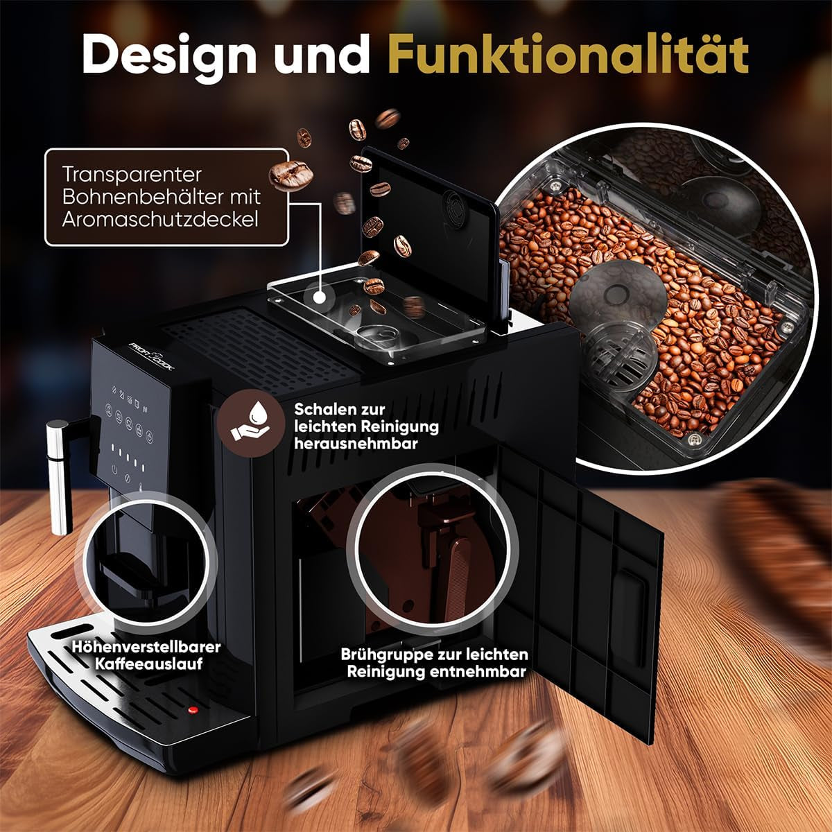 Machine à expresso ProfiCook® entièrement automatique avec mousseur à lait pour cappuccino | Broyeur conique | avec fonction chauffe-tasses | Pompe professionnelle italienne | Écran tactile | Expresso | PC KAV1281