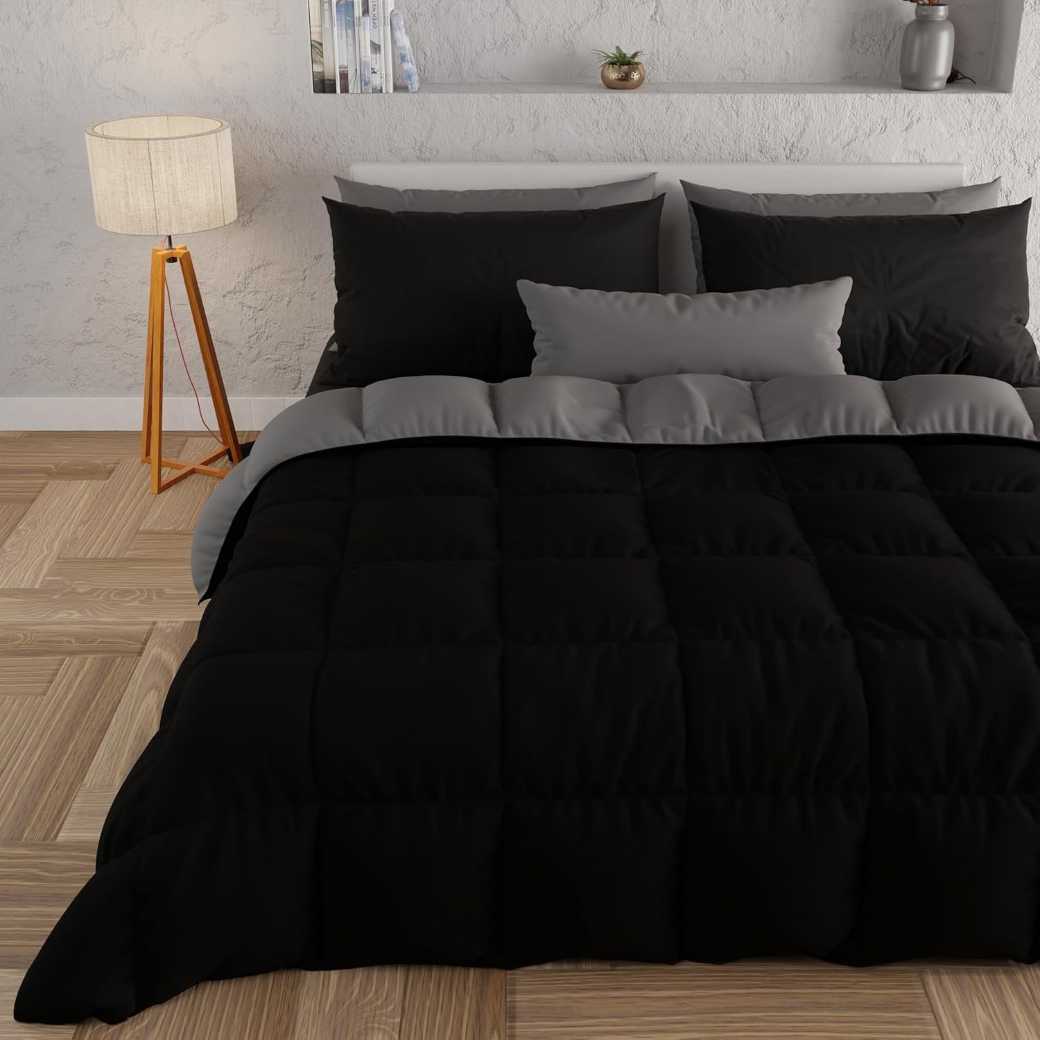 PETTI Artigiani Italiani - Couette d'hiver pour lit double, maxi, monochrome, double face, blanc, gris, 100% Made in Italy Couettes et couettes Naty Shop Black Matrimoniale Maxi