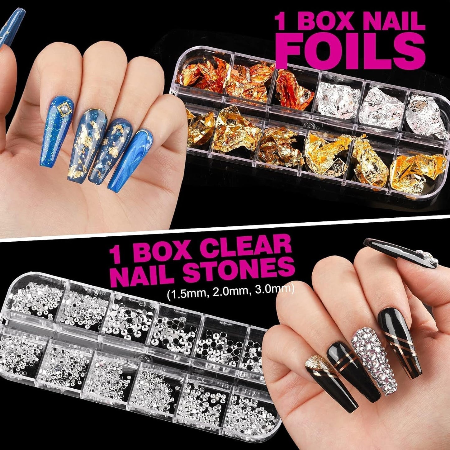 FANDAMEI 54 Blätter Wassertransfer Nagelsticker & Nail Art Pinsel Set, Stylos à pointillés, Blattgold pour l'art de l'art, bande de strass, strass, travail et décoration, ensemble pour l'art de l'art