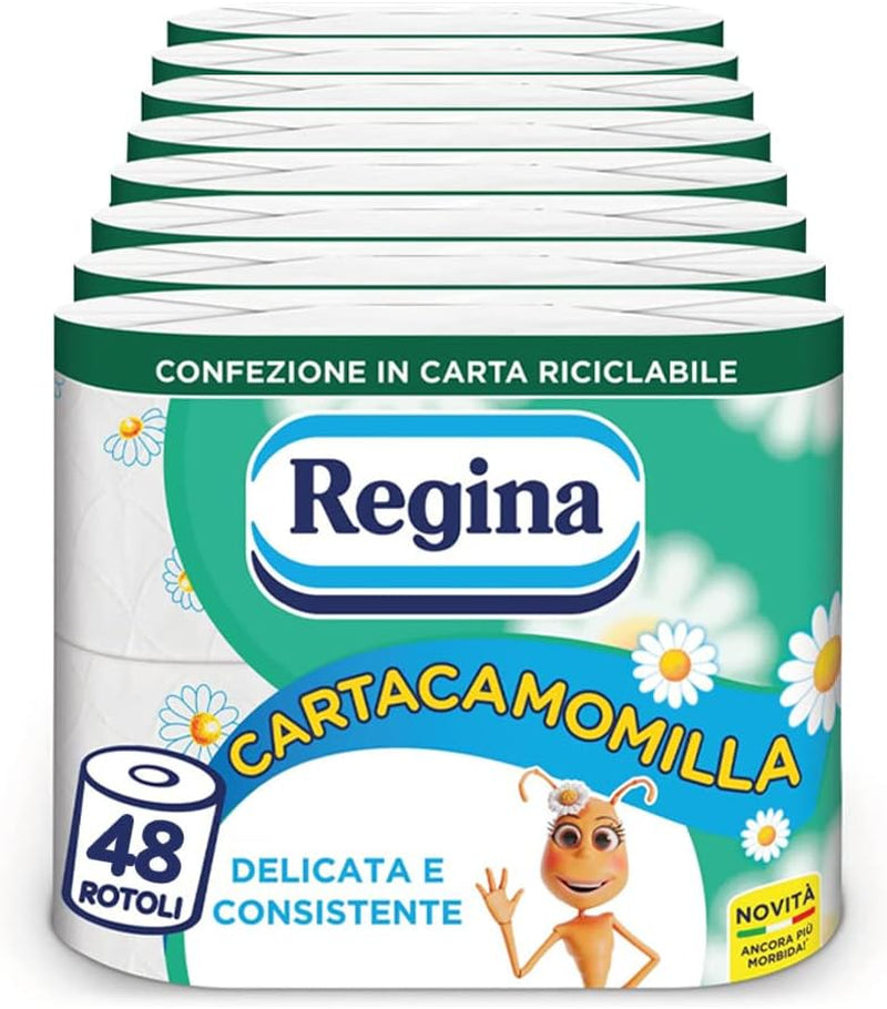 Regina Cartacamomilla - 8 rouleaux de papier toilette, 300 feuilles moelleuses, 3 épaisseurs, doux et ferme, emballage en papier recyclable