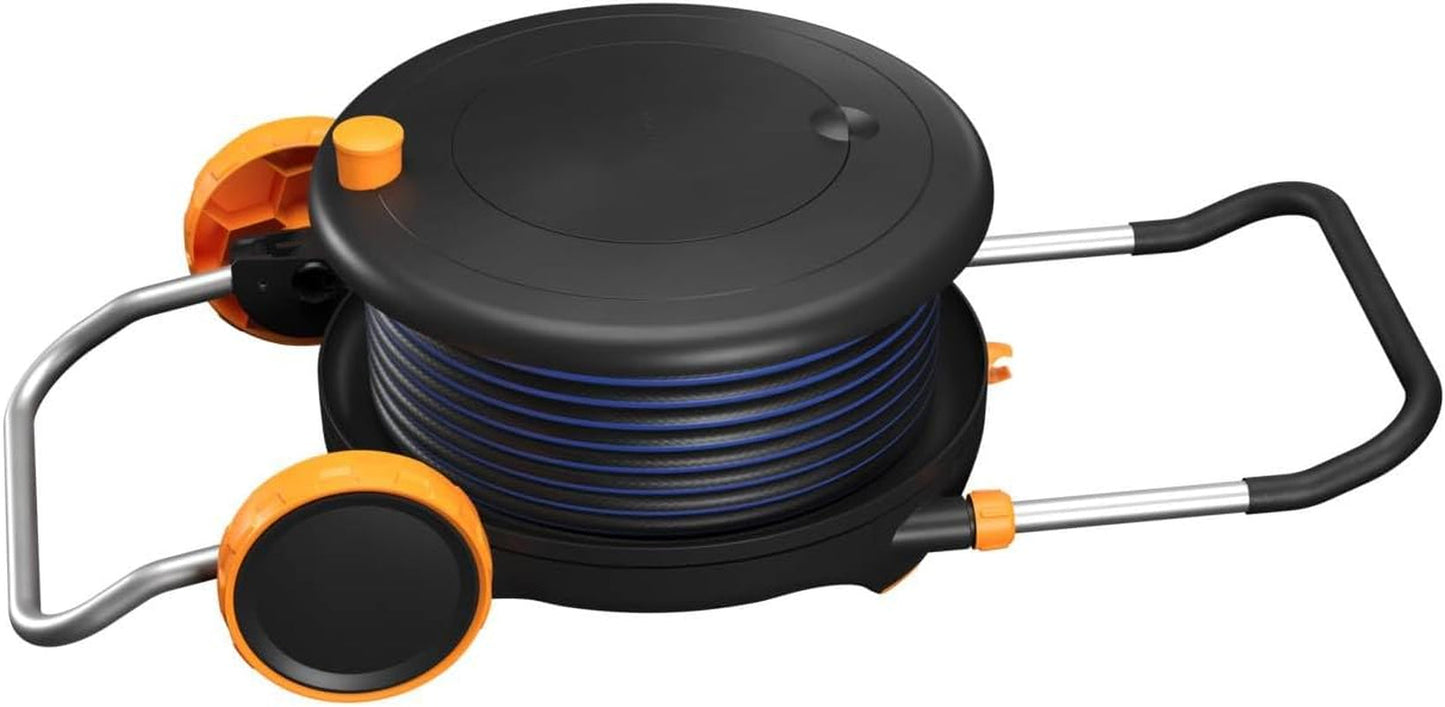 Roue hydraulique Fiskars Comfort L avec roulettes, kit d'arrosage tout compris, portée totale de 31,5 m, enroulement automatique, tuyau d'arrosage universel (Ø 13 mm), raccord de robinet universel, 1071670