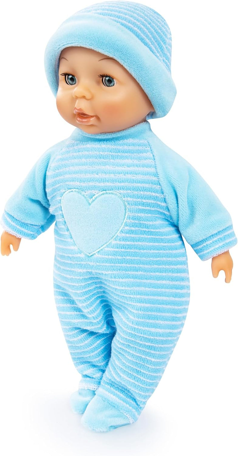 Bayer Design 92802AU My First Baby 28 cm, poupée bébé, poupée au corps doux avec des yeux endormis, très pratique, tenue mignonne, bleu avec cœur