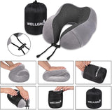 WELLGRO Ensemble d'oreillers cervicaux avec masque de sommeil 3D et bouchons d'oreille - Housse amovible - Mousse à mémoire de forme - Fermeture à glissière - Sac de rangement inclus - Oreiller de voyage - Couleur au choix, Couleur: Gris Oreillers orthopédiques cervicaux Naty Shop