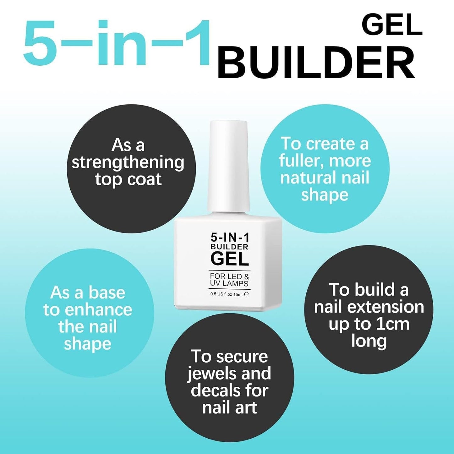 Builder Gel de construction 5 en 1 15 ml, gel de construction d'ongles, gel de construction d'ongles, vernis à ongles d'extension d'ongles UV/LED, extensions, nail art, autocollants, gel de construction d'ongles (blanc)