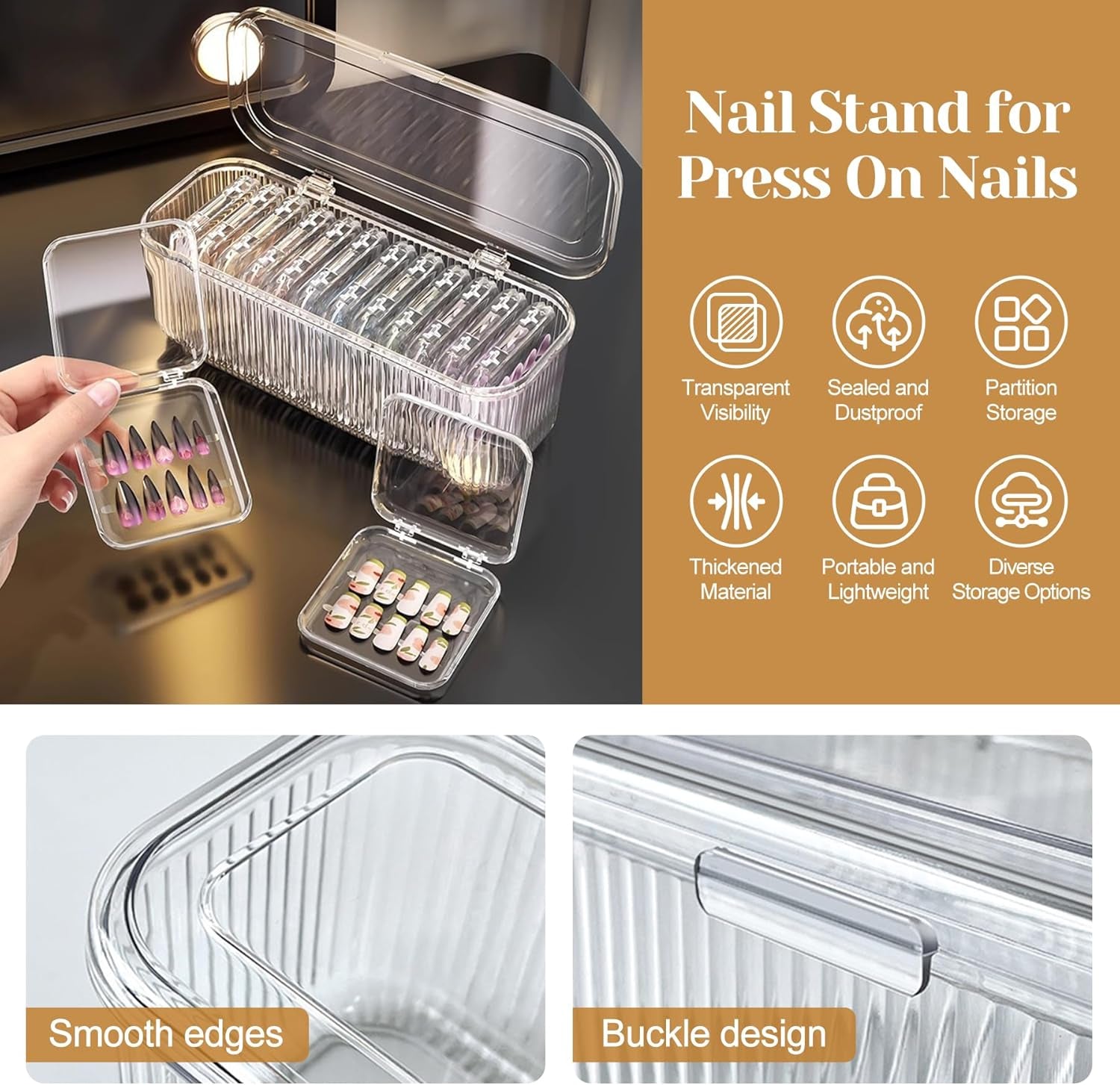 INMORVEN Coffret de rangement pour ongles – 14 boîtes transparentes + 1 grande boîte et 60 disques adhésifs – Idéal pour ranger les faux ongles, les accessoires pour ongles en gel et le vernis à ongles (14 pièces en une couche)