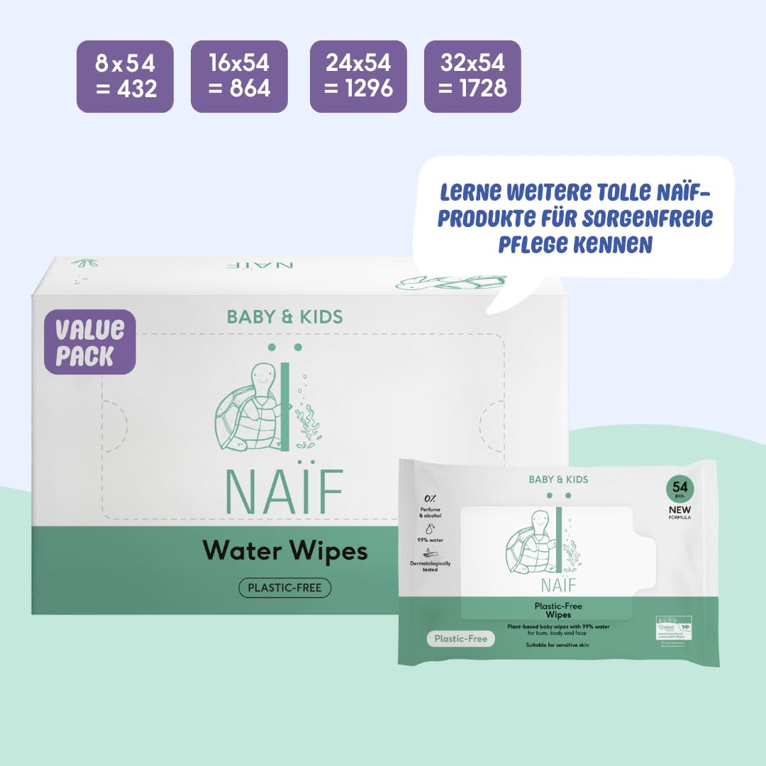 Naïf - Lingettes humides sans plastique - 1296 pièces (24 pièces x 54 lingettes humides) - Soins fesses, corps et visage de bébé - 99% d'eau - 0% parfum & alcool
