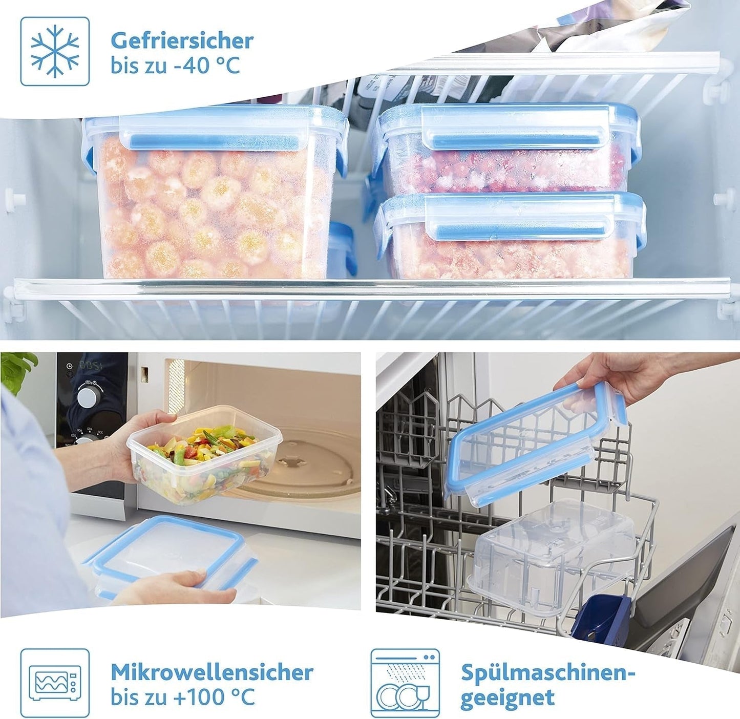 Emsa 515585 Clip alimentaire et fermeture | Ensemble 3 pièces | plastique | transparent / vert | Boîtes de conservation alimentaire Naty Shop 0,55 / 1 / 2,2 litres