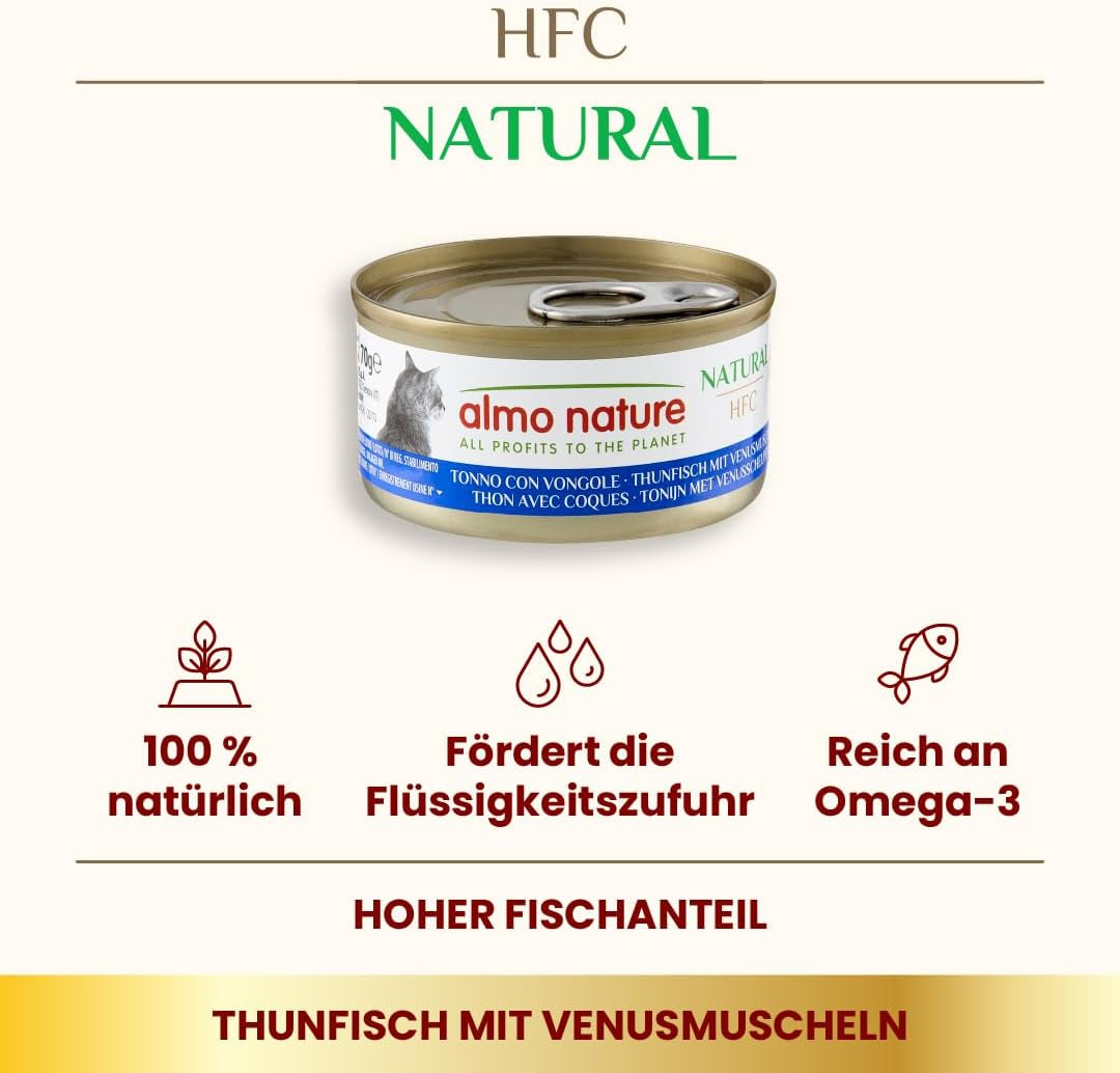 Almo Nature HFC Nourriture humide naturelle pour chat - Thon aux palourdes, paquet de 24 (24 x 70g)