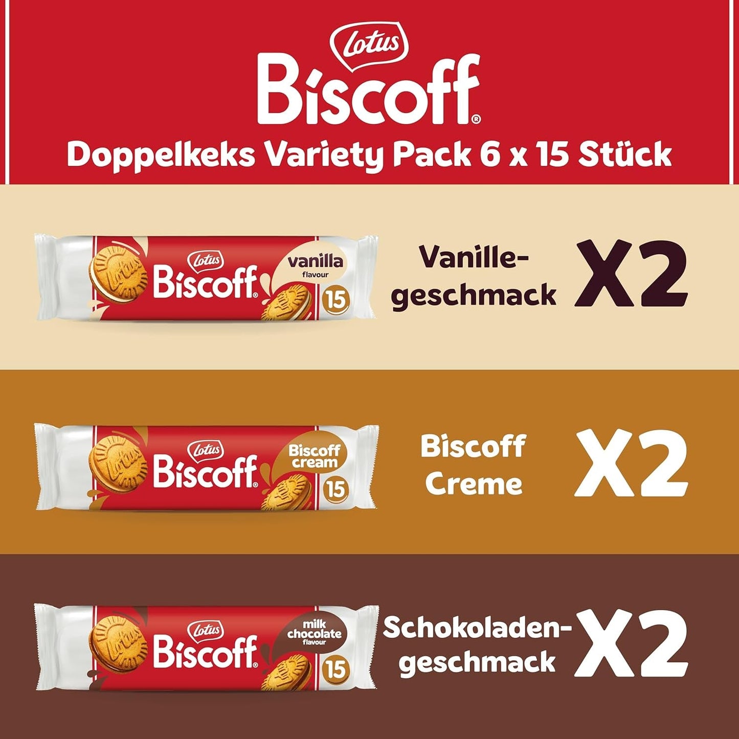 Biscoff Lotus | Pack varié de biscuits doubles | 3 variétés | 2 paquets par variété | 15 biscuits doubles par paquet | Ingrédients d'origine naturelle | Pas de colorants | 6x150g | 900g