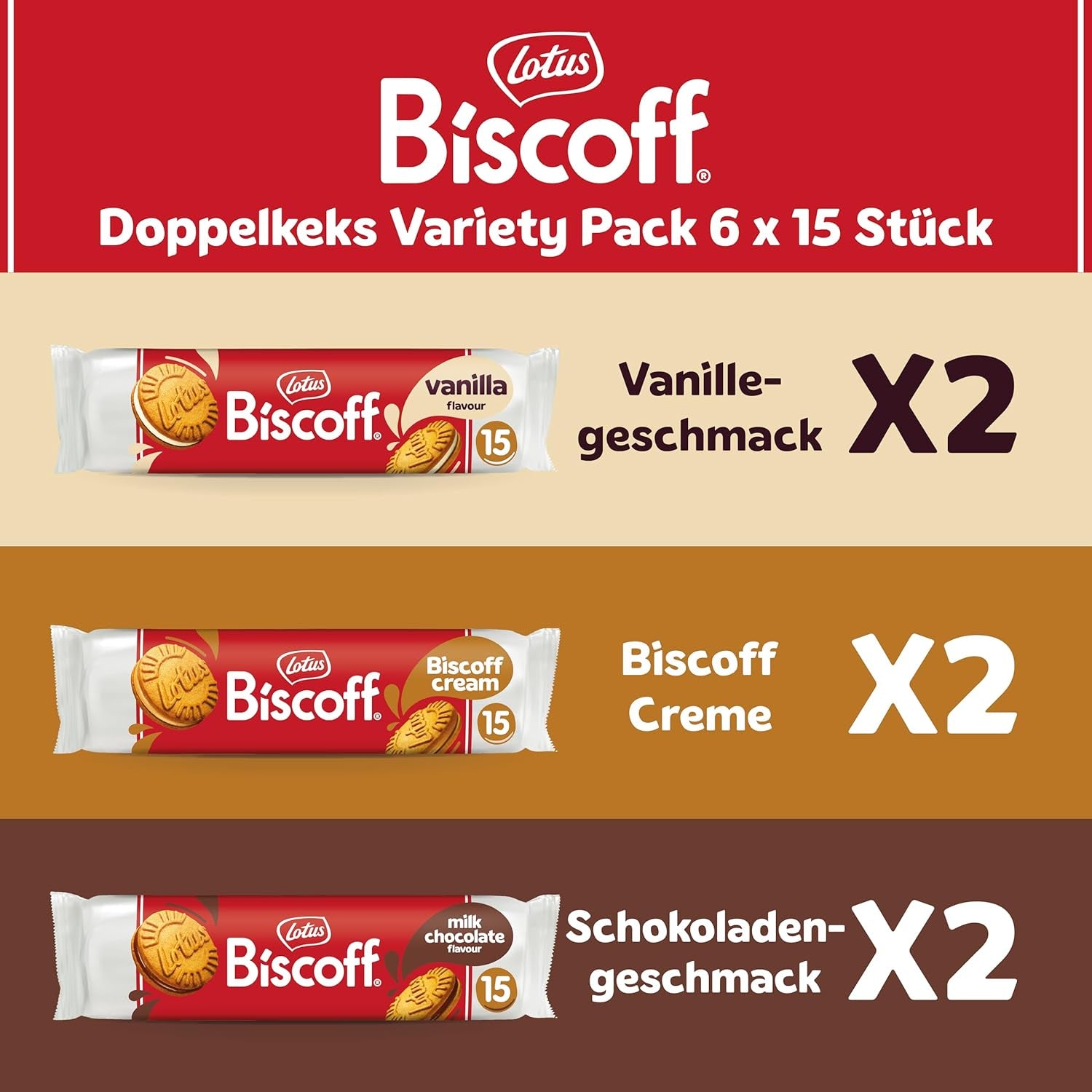 Biscoff Lotus | Pack varié de biscuits doubles | 3 variétés | 2 paquets par variété | 15 biscuits doubles par paquet | Ingrédients d'origine naturelle | Pas de colorants | 6x150g | 900g