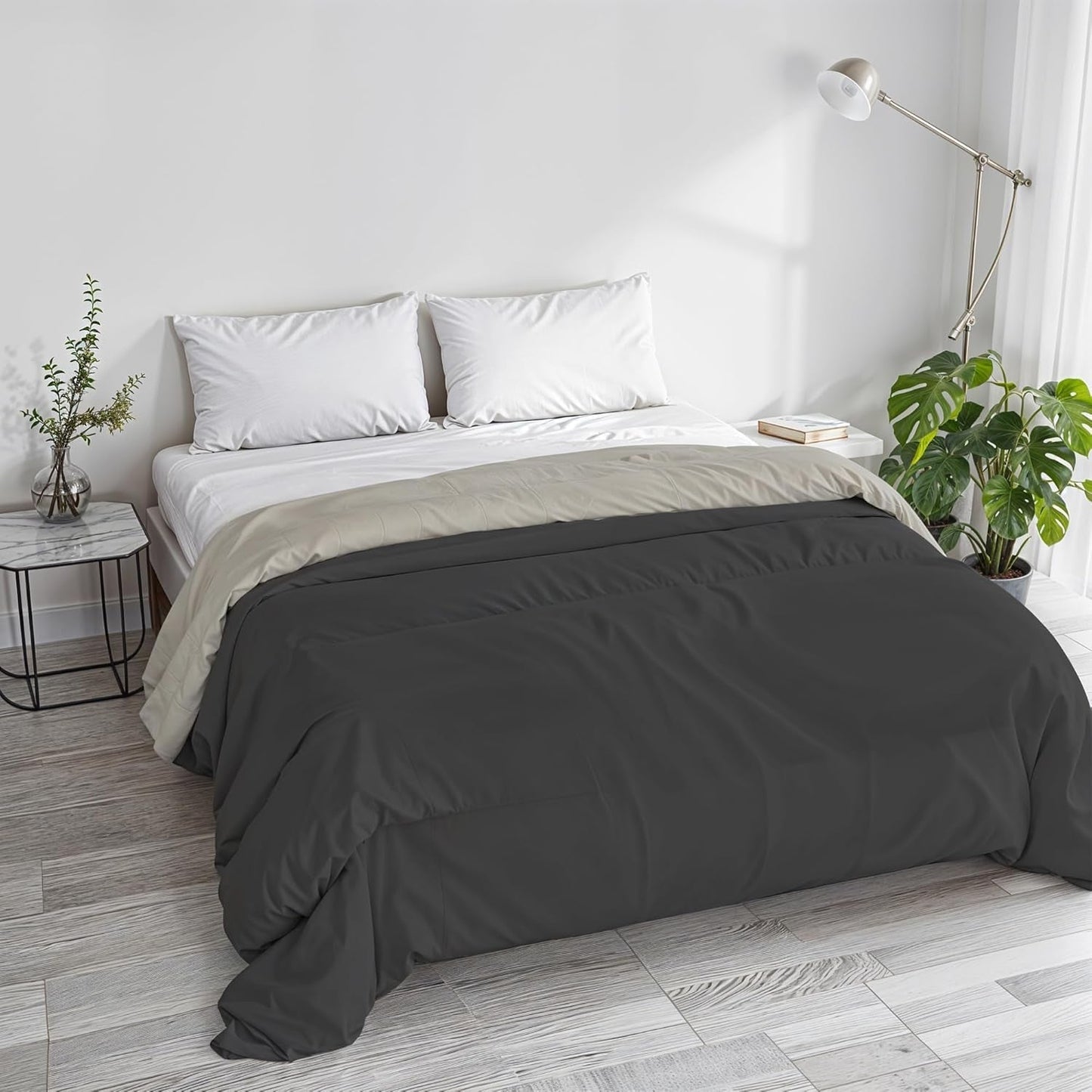 Couette d'hiver basique, unie et doublée, vert foncé/crème, 200X245Cm Couettes et couettes Naty Shop Gris foncé/gris clair 250X245Cm