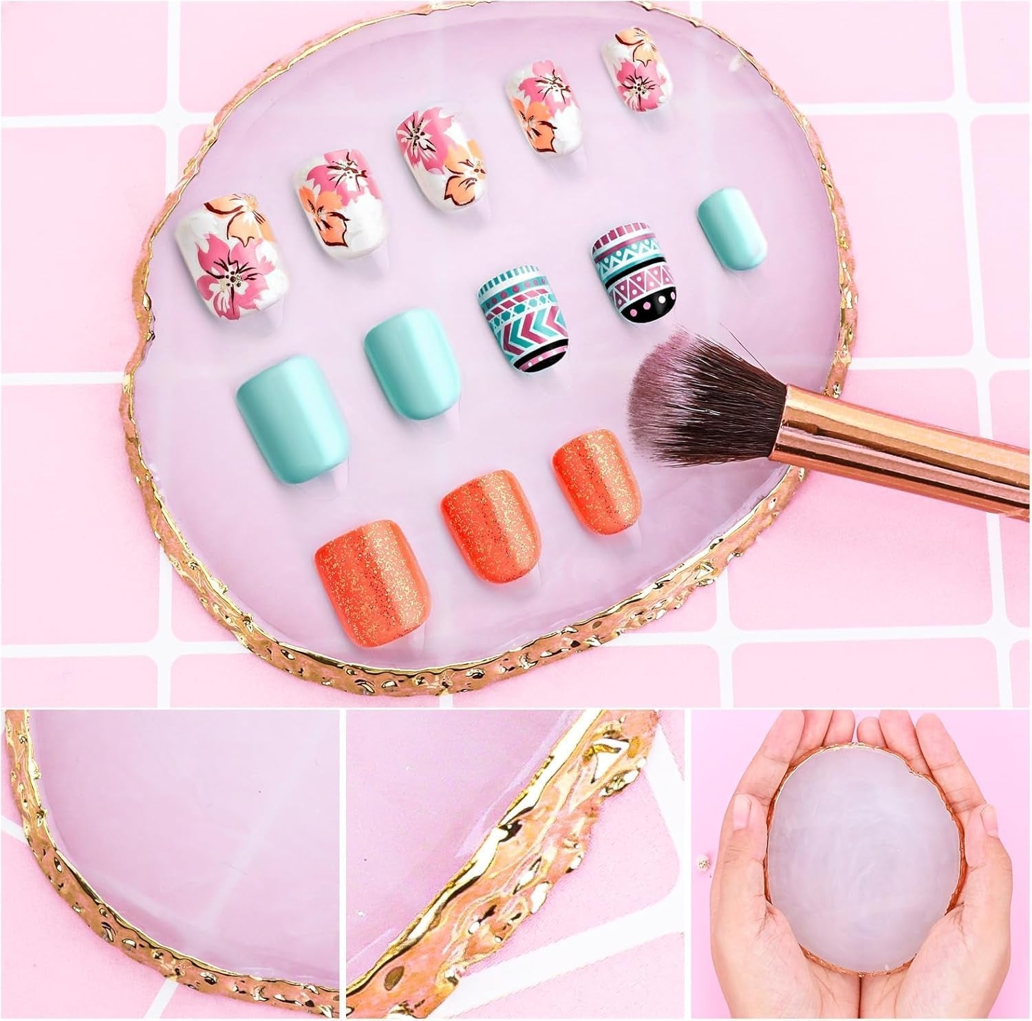 Harz Nail Art Palette,Maniküre Gemalt Palette,Goldener Rand Nagelleck Palette,Nail Art Make up Paletten Display Fach Nagel DIY Zubehör(Blanc)
