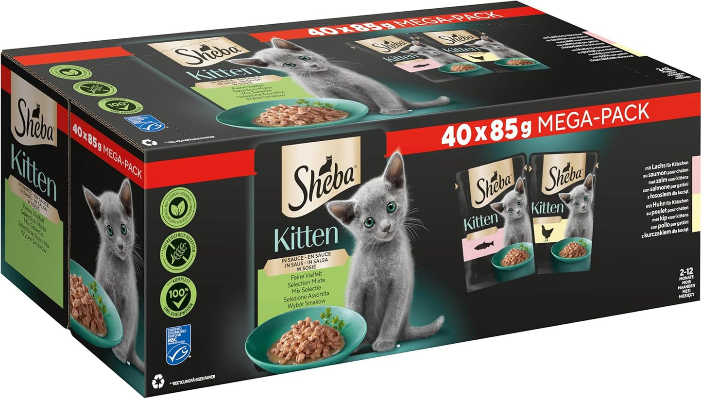 Nourriture humide Sheba pour chatons, en sachets assortis, au saumon (MSC) et poulet en sauce, multipack 40x85g