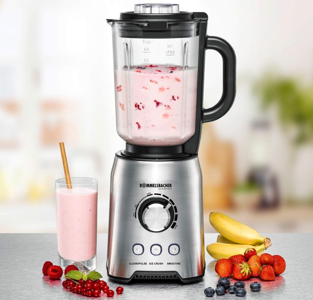 ROMMELSBACHER Batteur sur socle MX 1250-22 000 U/Min, Stufenlose Drehzahlregulierung, Funktionsstasten (Smoothie, Clean/Pulse, Ice Crush), Glaskrug, Edelstahlgehäuse, Spezialmesser, 1200 Watt Kitchen Naty Shop