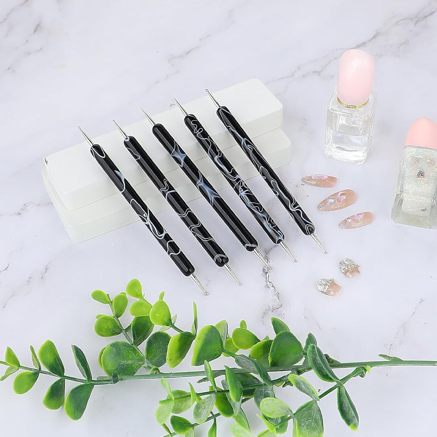 5 pièces d'outils de pointage de conception d'ongles, outil de travail de peinture, pointe de broche, outil de marbrage, outil de marbrage pour manucure de vernis à ongles, noir