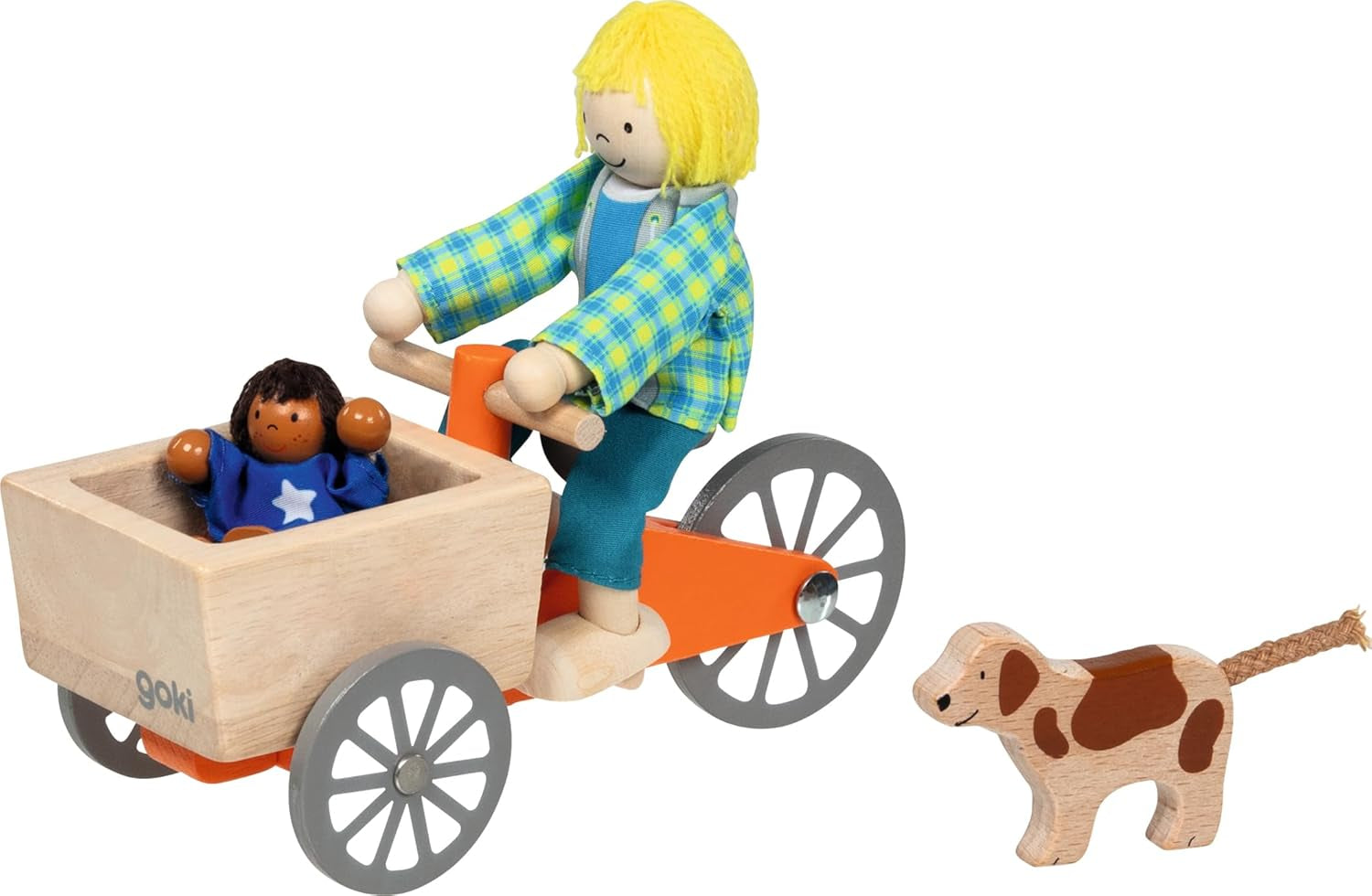 Vélo cargo avec 2 poupées flexibles et chien : Vélo cargo : 16 x 6,8 x 7,5 cm, bois, tissu, 4 pièces, par set, marron
