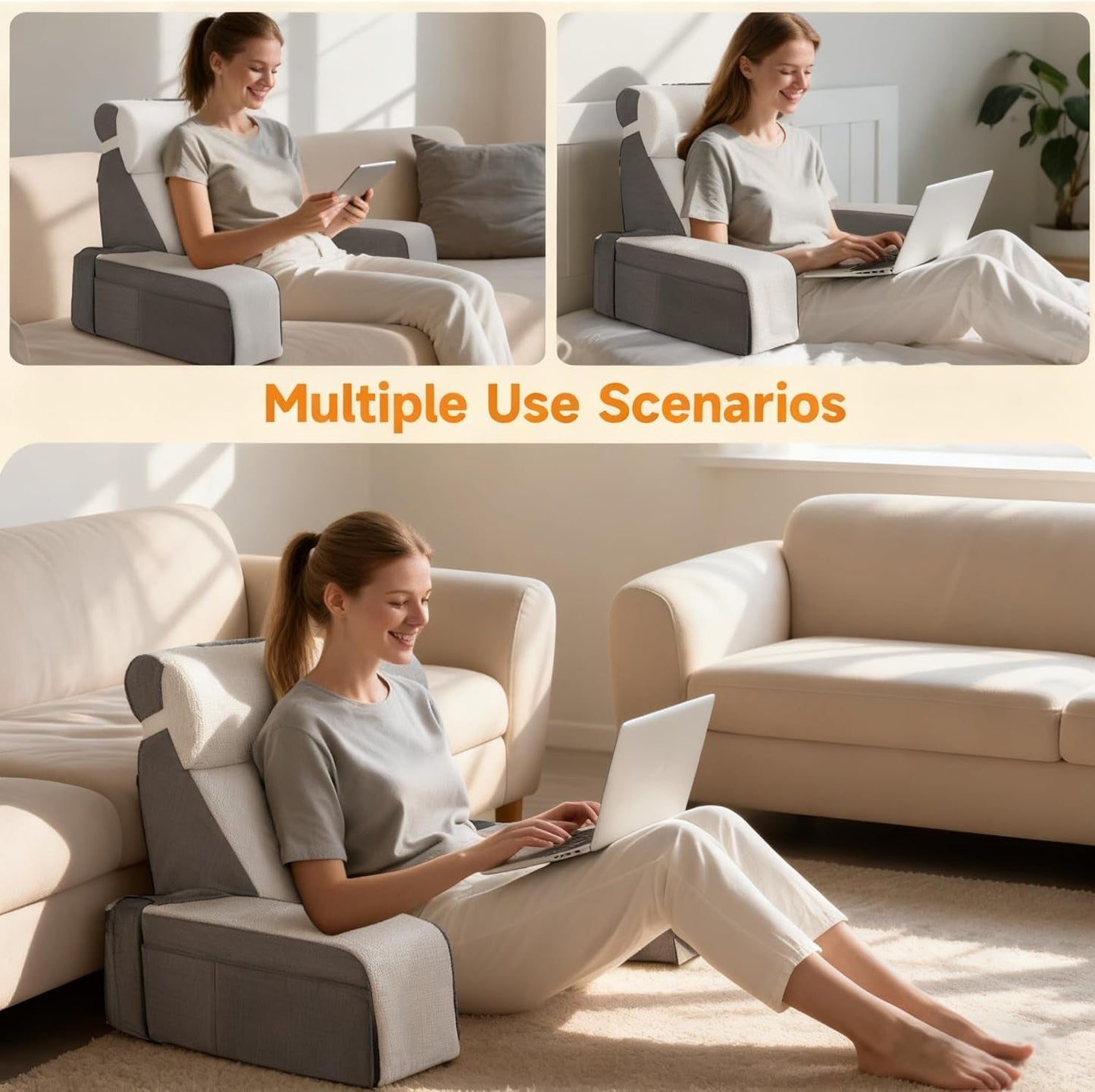 Grand coussin de lecture avec repose-nuque et accoudoirs amovibles, coussin de dossier pour lit, coussin de dos ergonomique avec bras, poche et housse lavable pour lire et regarder la télévision.