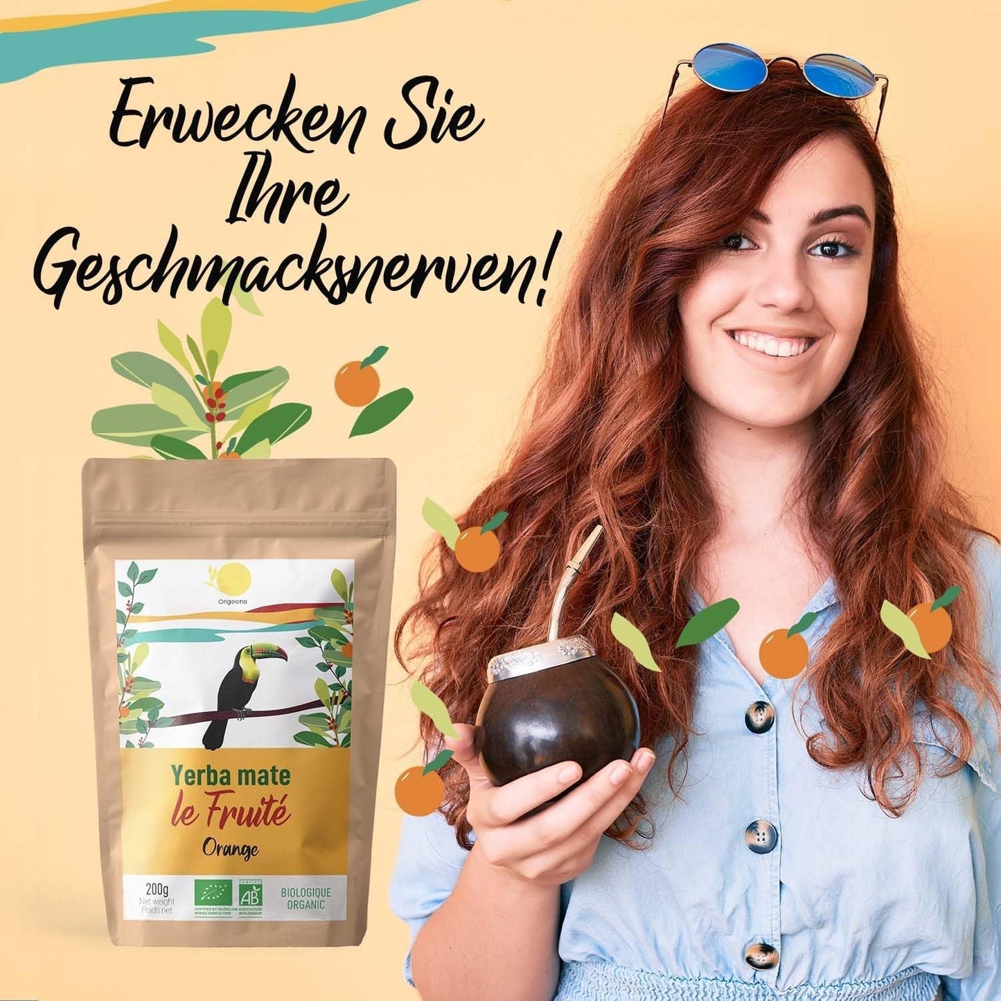 ORIGEENS BIO YERBA MATE aux oranges 200 G - Thé fruité I Thé Yerba Mate bio non torréfié, sans tiges ni poussière I Boisson énergisante et détoxifiante
