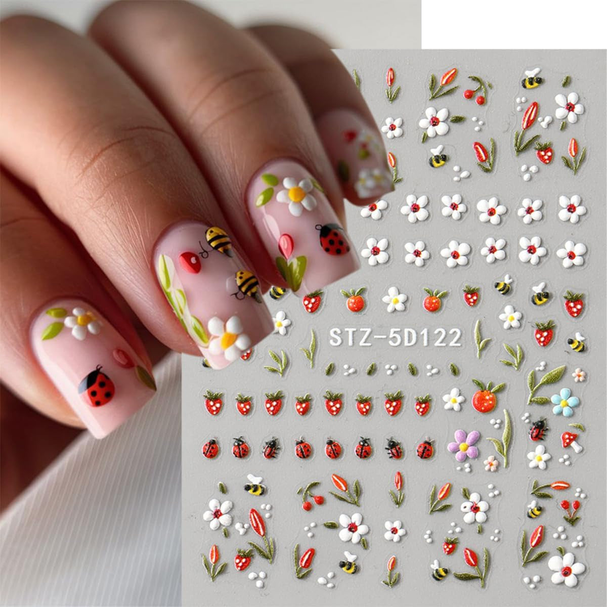 JMEOWIO Autocollant 3D pour ongles, fleurs, fruits, Nail Art, autocollant auto-adhésif, autocollants stéréoscopiques 5D, décoration, conception de ongles, 4 couleurs