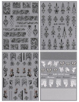 JMEOWIO Autocollants pour ongles 3D Noir Blanc Fleurs Nail Art Autocollants Autocollants pour ongles 5D Stéréoscopiques Fleurs Décoration Nageldesign Zubehör 4 Blatt