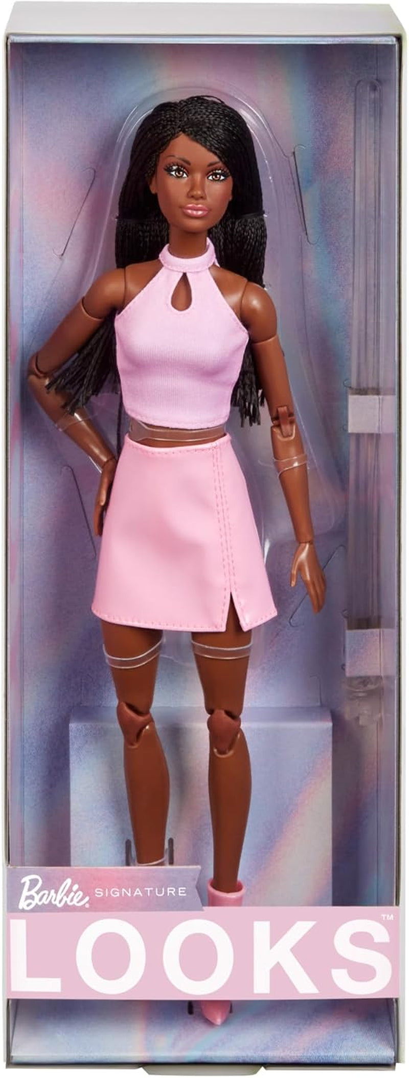 Poupée Barbie Looks, figurine de collection no. 21 avec cheveux noirs tressés et mode Y2K moderne, haut dos nu rose et jupe en simili cuir avec bottes, HRM13 Naty Shop Dolls Default Title