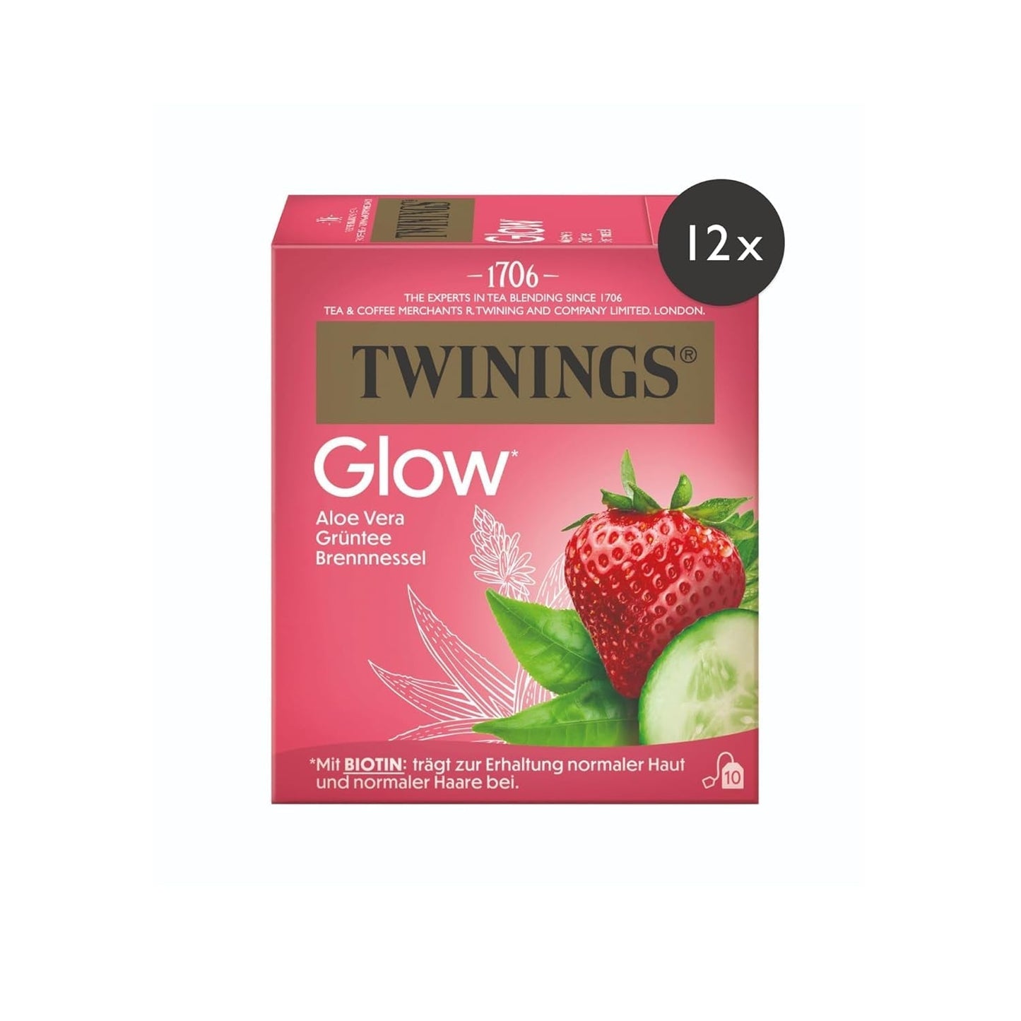 Twinings GLOW Thé vert à l'aloe vera et à l'ortie avec biotine - Mélange de tisanes pour soins naturels de la peau et des cheveux, paquet de 12 (10 sachets chacun)