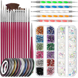 FANDAMEI Nail Art Brush Set, 15 pièces de pinceaux pour pinceaux à ongles en gel, 5 pièces de stylos à points, 10 rouleaux de pinceaux à bandes, des pinceaux à strass, des paillettes ultra fines pour vernis à ongles