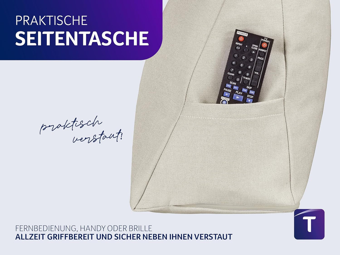 Traumnacht Cosy Back Oreiller de lecture 70 x 40 cm beige Housse amovible et lavable en 100 % polyester Poche latérale pratique Certifié Oeko-Tex Produit selon les normes de qualité allemandes