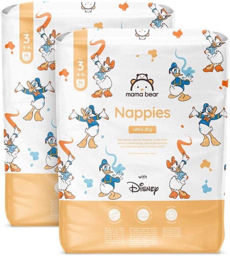 Marque Amazon : Mama Bear Disney Couches Ultra Dry, taille 3 (4-9 kg) – Boîte mensuelle, blanche, 172 pièces (2 paquets de 86)