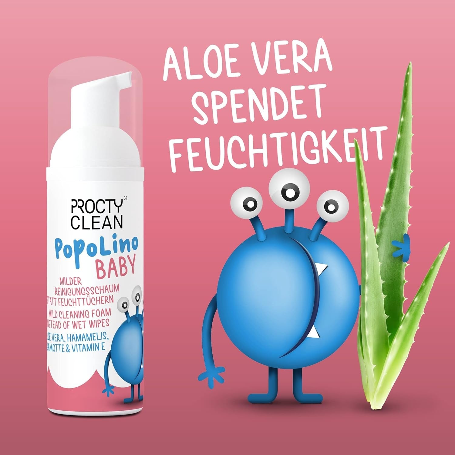 Mousse à fond souple PopoLino Baby au lieu de lingettes humides pour bébé. Mousse nettoyante cosmétique vegan et naturelle ! Mousse inférieure à l'aloe vera, à l'hamamélis, à la bergamote et à la vitamine E. Rend les fesses et l'environnement heureux.