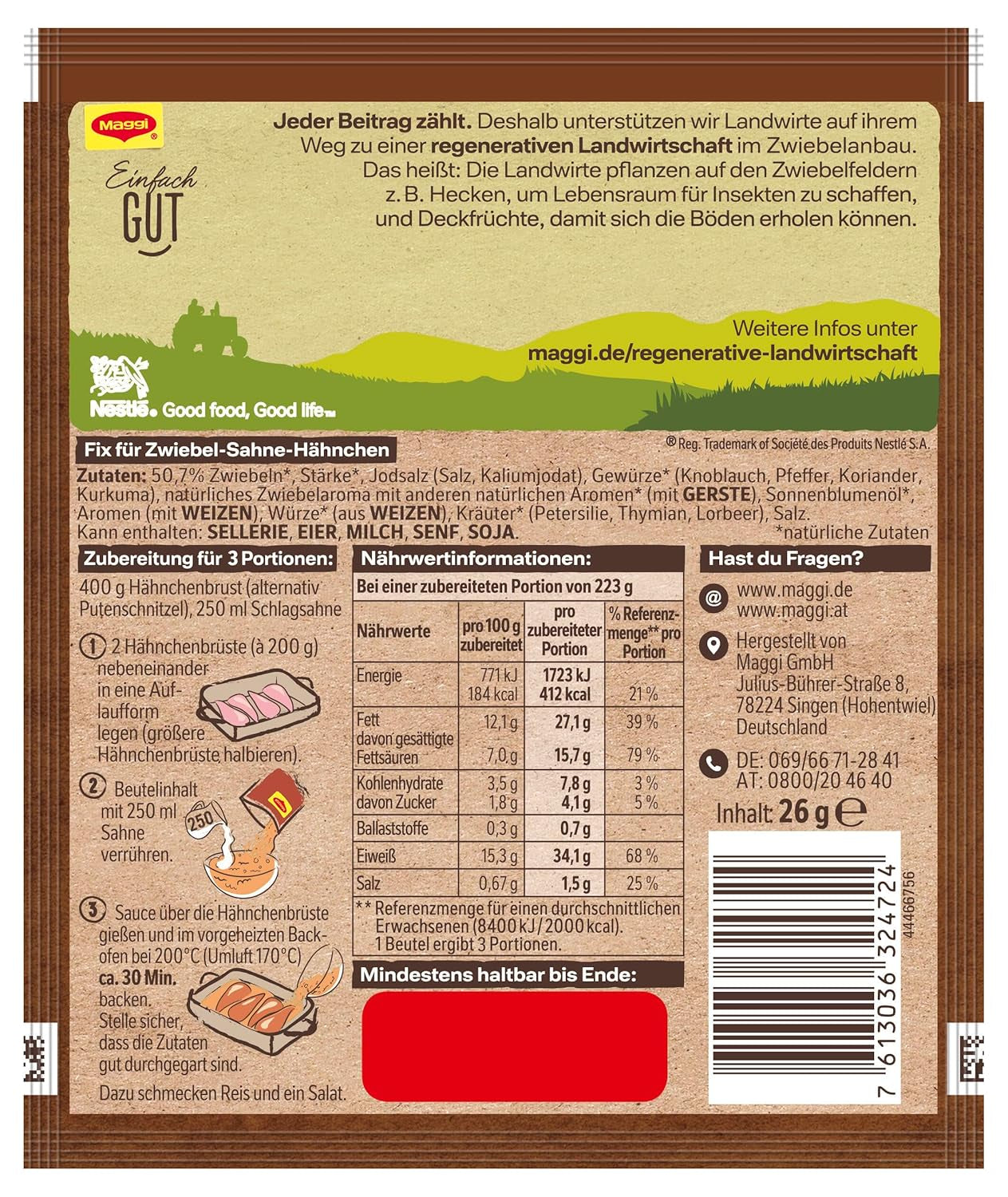 MAGGI Fix für Zwiebel-Sahne Hähnchen, Würzmischung, avec ingrédient naturel*, pour 3 portions, 1er paquet (1 x 26g)