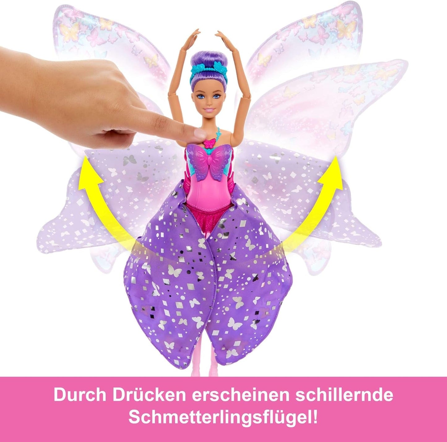 Barbie Danseuse et papillon 2 en 1 transformant la danseuse en papillon avec ailes ouvertes, cheveux violets, accessoires pour cheveux et tutu détachable, HXJ10