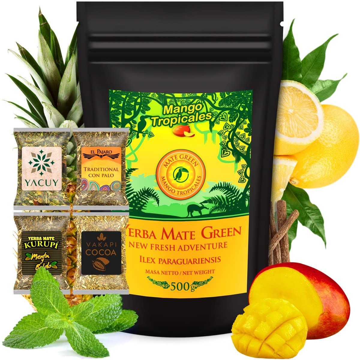Service à Thé Yerba Mate ● Thé Mate Mangue Tropicales 500G ● Service à Thé Mate 4X25G ● Thé Mate aux Fruits ● Thé Yerba Mate à la Mangue, Ananas, Citron